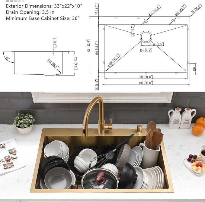 33 Inch Gold Drop In Kitchen Sink with Faucet Combo-VASOYO 33x22 Inch Gold Kitchen Sink with Faucet Combo Set Stainless Steel Deep Single Bowl Topmount Sinks and Faucets