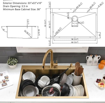 33 Inch Gold Drop In Kitchen Sink with Faucet Combo-VASOYO 33x22 Inch Gold Kitchen Sink with Faucet Combo Set Stainless Steel Deep Single Bowl Topmount Sinks and Faucets