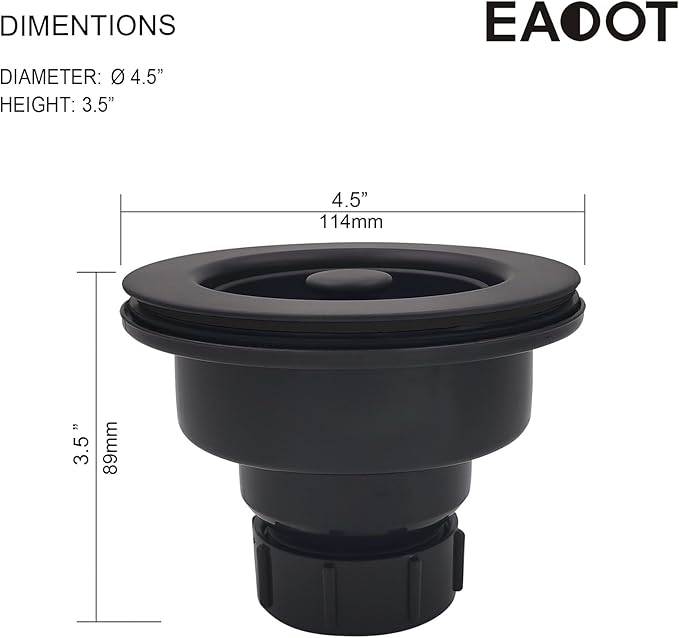 EADOT 3-1/2 Inch Polymer Black Sink Drain Assembly with Basket Strainer and Stopper for Quartz, Granite or Fireclay Kitchen Sinks