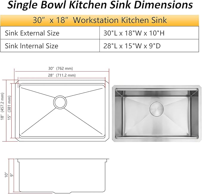 Undermount Kitchen Sink,16 Gauge T-304S Stainless Steel Workstation Sinks with Accessories, 30" x 18" x 10" Large and Deep Single Bowl Kitchen Sink for Home,Kitchen and Outdoor