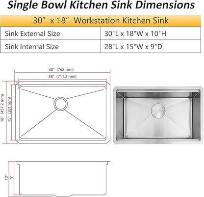 Undermount Kitchen Sink,16 Gauge T-304S Stainless Steel Workstation Sinks with Accessories, 30" x 18" x 10" Large and Deep Single Bowl Kitchen Sink for Home,Kitchen and Outdoor