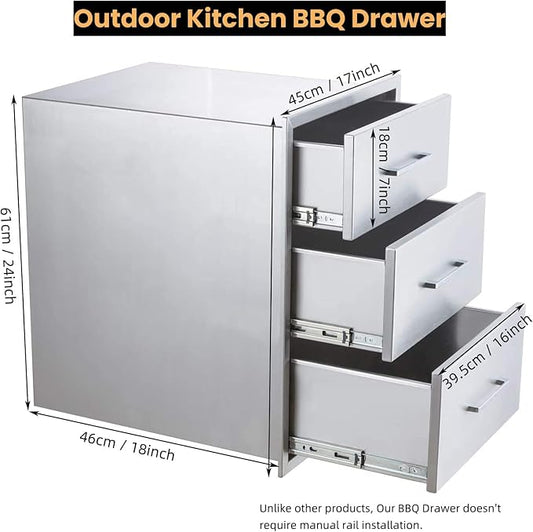 Outdoor Kitchen Drawers, 17" W x 18" D x 24" H Stainless Steel Triple Access BBQ Drawer, Flush Mount Enclosed Drawer with Handle for Outdoor Kitchens & BBQ Islands, No Installation Required