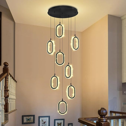 Black 8 Rings Crystal Chandelier for Foyer Stairwell High Ceiling Chandelier Dimmable Oval Crystal Ring Pendant Light