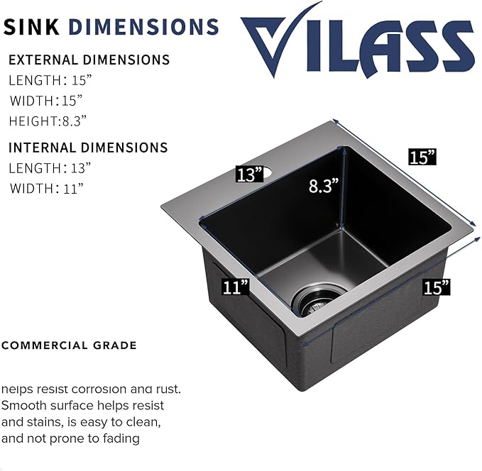Black Bar Sink 15 Inch Modern Drop in Small Kitchen Sink with Faucet Combo Single Bowl Gunmetal Black RV Sink Stainless Steel Outdoor Sink
