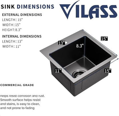 Black Bar Sink 15 Inch Modern Drop in Small Kitchen Sink with Faucet Combo Single Bowl Gunmetal Black RV Sink Stainless Steel Outdoor Sink