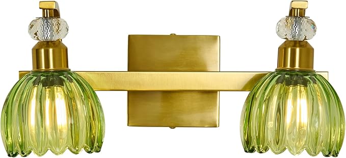 Vintage Gold Vanity Light 2 Lights Bathroom Lighting Fixture with Green Tulip Glass Shade Antique Brass Vanity Lights Over Mirror for Kitchen Bedroom Living Room Farmhouse