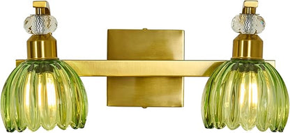Vintage Gold Vanity Light 2 Lights Bathroom Lighting Fixture with Green Tulip Glass Shade Antique Brass Vanity Lights Over Mirror for Kitchen Bedroom Living Room Farmhouse