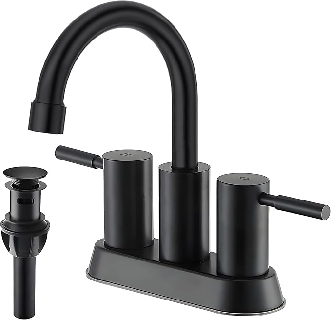 IKEBANA Modern Matte Black Bathroom Faucet, 2 Handle 4 Inch Centerset Sink Faucet, 360° Swivel High-Arc Spout Stainless Steel for RV Vanity Lavatory with Pop-up Drain and Supply Lines