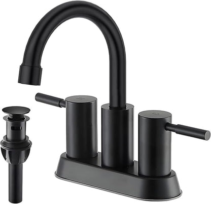 IKEBANA Modern Matte Black Bathroom Faucet, 2 Handle 4 Inch Centerset Sink Faucet, 360° Swivel High-Arc Spout Stainless Steel for RV Vanity Lavatory with Pop-up Drain and Supply Lines