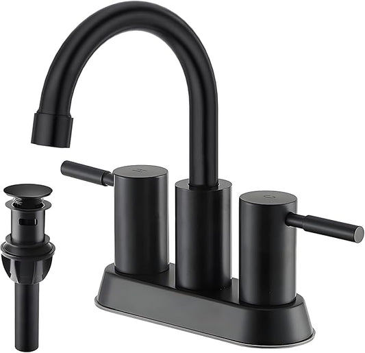 IKEBANA Modern Matte Black Bathroom Faucet, 2 Handle 4 Inch Centerset Sink Faucet, 360° Swivel High-Arc Spout Stainless Steel for RV Vanity Lavatory with Pop-up Drain and Supply Lines