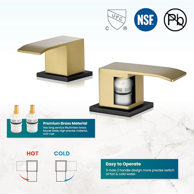 gotonovo Waterfall 8 inch Widespread Bathroom Faucet Set Bathroom Sink Faucet 3 Hole 2 Handle Vanity Lavatory Deck Mount with Pop Up Drain and Water Supply Lines Square Body Brushed Gold and Black