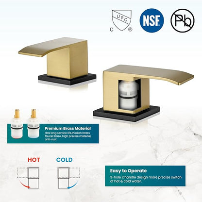 gotonovo Waterfall 8 inch Widespread Bathroom Faucet Set Bathroom Sink Faucet 3 Hole 2 Handle Vanity Lavatory Deck Mount with Pop Up Drain and Water Supply Lines Square Body Brushed Gold and Black