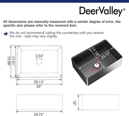 DeerValley Black Farmhouse Sink for Kitchen 30 inch, Fireclay Single Bowl Front Apron Workstation Kitchen Sink with Grid, Strainer & Workstation Accessories