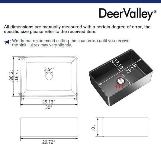 DeerValley Black Farmhouse Sink for Kitchen 30 inch, Fireclay Single Bowl Front Apron Workstation Kitchen Sink with Grid, Strainer & Workstation Accessories