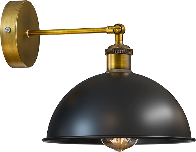 Dome Metal Wall Sconce, 180° Adjustable Industrial Wall Lamp for Bedside, Study, Kitchen, and Living Room Décor. (Black.)