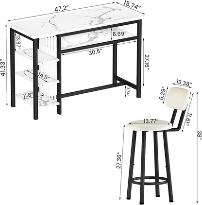 AWQM 3-Piece Bar Table and Chairs Set, Modern White Faux Marble Table with 2 PU Cushion Bar Stools, Kitchen Counter with 3 Tier Storage Shelves, Space Saving Table for Home & Kitchen, Black Frame