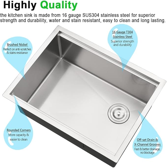 25 inch Undermount Kitchen Sink Workstation 16 Gauge Stainless Steel Single Bowl Kitchen Sink with Offset Drain
