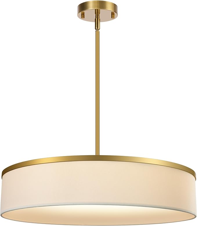 19.6 Inch Integrated LED Drum Chandeliers, 2800K Modern Fabric Pendant Light Fixture, White Linen and Gold Finish, Large Semi Flush Mount Lighting for Dining Room Bedroom Kitchen Entryway