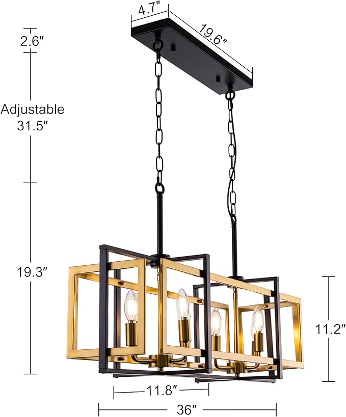 TOCHIC 8-Light Kitchen Island Lighting Black and Gold Rectangular Farmhouse Chandelier, Modern Linear Chandelier Island Lights for Kitchen, Kitchen Island, Dining Room, 36'' L