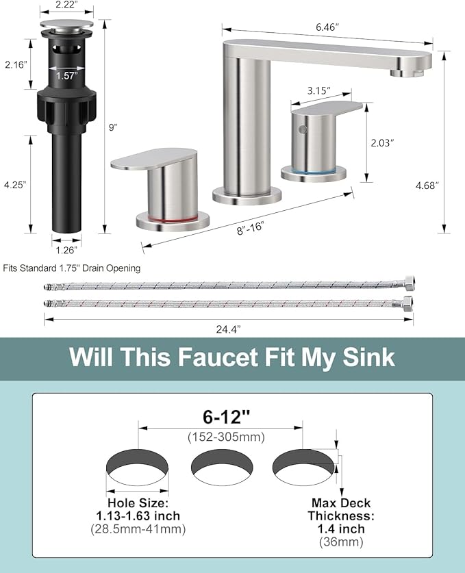 BWE 2 Pack Brushed Nickel Bathroom Faucet for Sink 3 Hole, Stainless Steel Widespread Bathroom Faucets with Pop-up Drain and Supply Lines, 360° Swivel Spout 2-Handle Bathroom Sink Faucet for Vanity