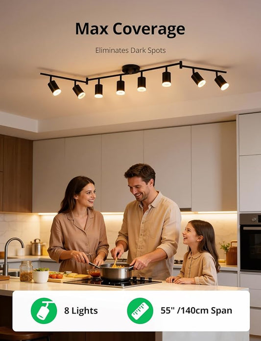 Bojim 8-Light Ceiling Track Lighting Fixtures for Kitchen, Black Modern Led Track Light for Living Room & Closet, 4.6 ft Long Flexible Adjustable Arms, GU10, Bulbs Not Included