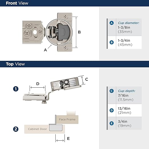 Amerock 2 Pack 3/4 inch Overlay Soft-Closing Compact Concealed Hinge for Face Frame Cabinet, 105-degree Opening Angle with 3-Way adjustability