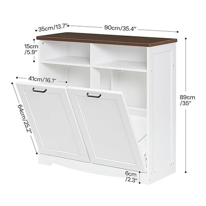 HOOBRO Double Tilt Out Trash Can Cabinet, 20 Gallon Kitchen Trash Bin Cabinet, Hidden Trash Storage with Open Compartments, Hidden Laundry Hamper, for Kitchen, Laundry, White and Walnut WH04LJ01