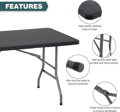 FDW 6 Foot Outdoor Dining Table, Foldable Portable Rectangular Plastic Folding Table with Built in Carrying Handle for Party and Wedding Use, Black
