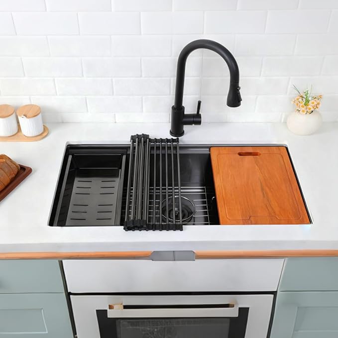 HOTIS 32 Inch Black Undermount Kitchen Sink Workstation, 32x18 Inch Large Outdoor Single Bowl Prep Sink, Stainless Steel T304 16 Gauge Deep Kitchen Sinks with Cutting Board Accessories