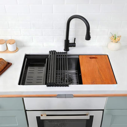 HOTIS 32 Inch Black Undermount Kitchen Sink Workstation, 32x18 Inch Large Outdoor Single Bowl Prep Sink, Stainless Steel T304 16 Gauge Deep Kitchen Sinks with Cutting Board Accessories