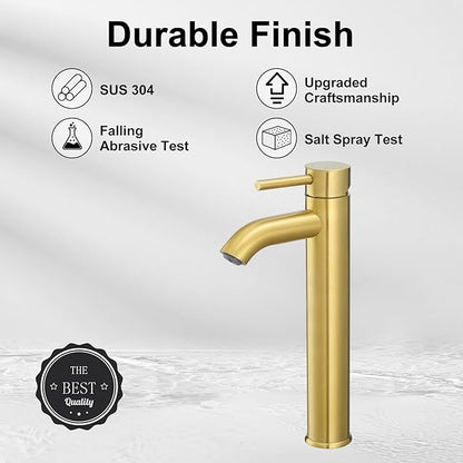 VOTON Brushed Gold Tall Bathroom Faucet, Single Handle Vessel Sink Faucet with Water Supply Hose and Pop Up Sink Drain