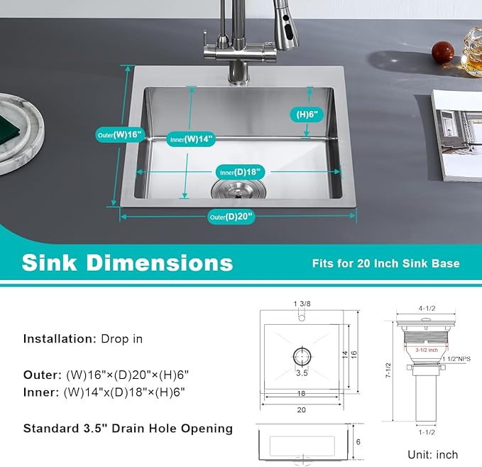 20x16 inch Single Bowl Kitchen Sink Drop in, Stainless Steel Brushed Topmount 6 inch Deep Compact Sink for Small Kitchen & Bar with X-Drain Groove & Noise Reducing Pads