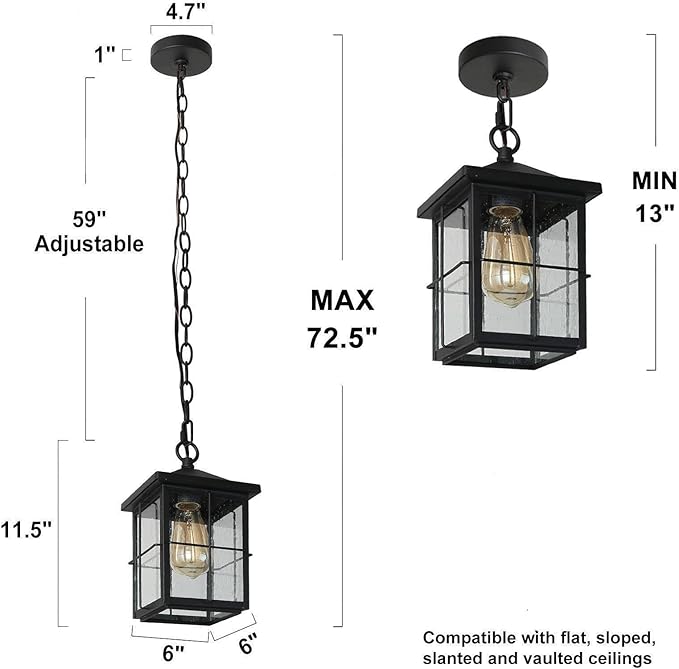 Outdoor Pendant Light Fixture, Farmhouse Exterior Hanging Lights with Adjustable Chain, Black Ceiling Outdoor Light with Seeded Glass, Square Hanging Lantern for Front Door, Entry, Porch, and Gazebo