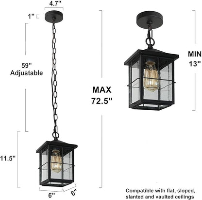 Outdoor Pendant Light Fixture, Farmhouse Exterior Hanging Lights with Adjustable Chain, Black Ceiling Outdoor Light with Seeded Glass, Square Hanging Lantern for Front Door, Entry, Porch, and Gazebo