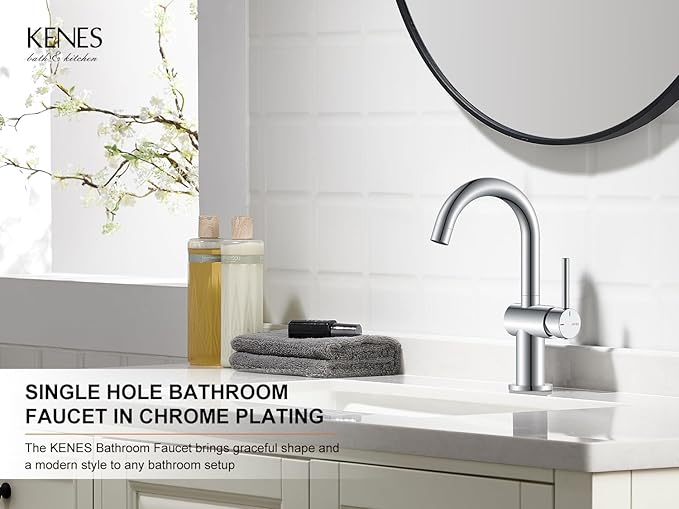 KENES Polished Chrome Bathroom Faucets Single Handle Modern Prep Wet Bar Sink Faucets Bathroom Sink Faucet with Drain Assembly & Deck Plate, Farmhouse RV Camper Outdoor Utility Faucet, KE-9005B-5