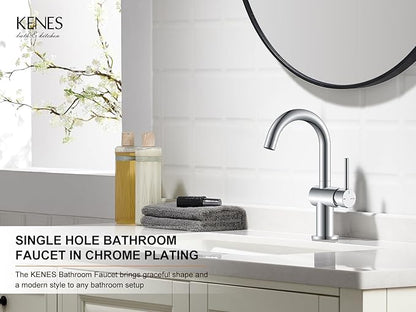 KENES Polished Chrome Bathroom Faucets Single Handle Modern Prep Wet Bar Sink Faucets Bathroom Sink Faucet with Drain Assembly & Deck Plate, Farmhouse RV Camper Outdoor Utility Faucet, KE-9005B-5