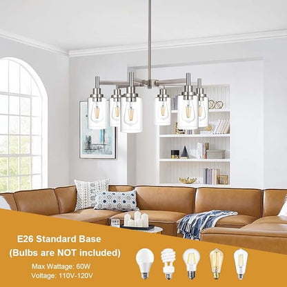 VINLUZ 6 Light Contemporary Chandelier Brushed Nickel Modern Pendant Lighting Cylinder Clear Glass Shaded Classic Ceiling Light Fixtures for Living Room Dining Room Kitchen
