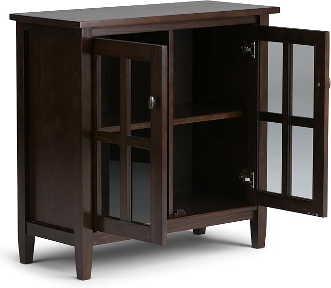SIMPLIHOME Warm Shaker Storage Cabinet - 32 inch Wide Solid Wood 2-Shelf Low Storage Cabinet in Tobacco Brown, Transitional Accent Cabinet for Entryway with Tempered Glass Doors and Shelves