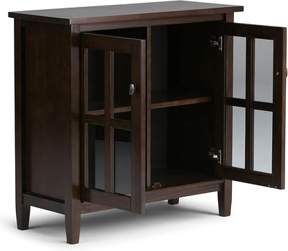 SIMPLIHOME Warm Shaker Storage Cabinet - 32 inch Wide Solid Wood 2-Shelf Low Storage Cabinet in Tobacco Brown, Transitional Accent Cabinet for Entryway with Tempered Glass Doors and Shelves