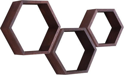 PHOENANCEE Hexagon Floating Shelves,Honeycomb Shelf Set of 3,Wood Farmhouse Hexagonal Decor Wall Storage for Living Room Bedroom Kitchen Office(Walnut)