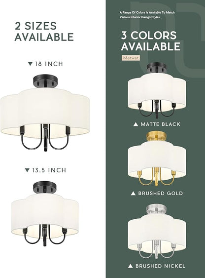 18" Semi Flush Mount Ceiling Light, 4-Light Vintage Light Fixtures Ceiling Mount with Fabric Shade in Quatrefoil for Kitchen Nursery Entryway Hallway Bedroom, Matte Black, SM179-MB-L