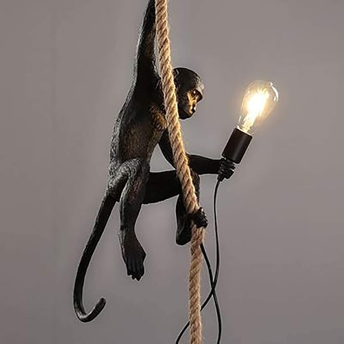 LOYALHEARTDY Vintage Resin Hemp Rope Monkey Pendant Light Fixture Monkey Chandelier Industrial Retro E26 Edison Ceiling Pendant Lamp for Dining Living Room Bedroom Bar Cafe (Black)