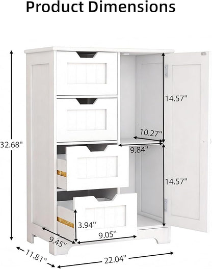 Casaphoria Bathroom Storage Cabinet with Drawers, Freestanding Floor Cabinet with Door and Adjustable Shelf, 4-Drawer Sideboard for Bathroom, Living Room, Kitchen, White