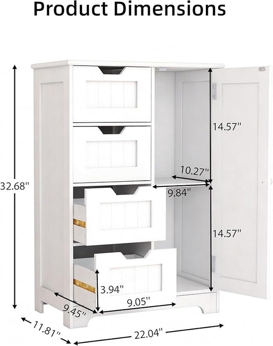 Casaphoria Bathroom Storage Cabinet with Drawers, Freestanding Floor Cabinet with Door and Adjustable Shelf, 4-Drawer Sideboard for Bathroom, Living Room, Kitchen, White