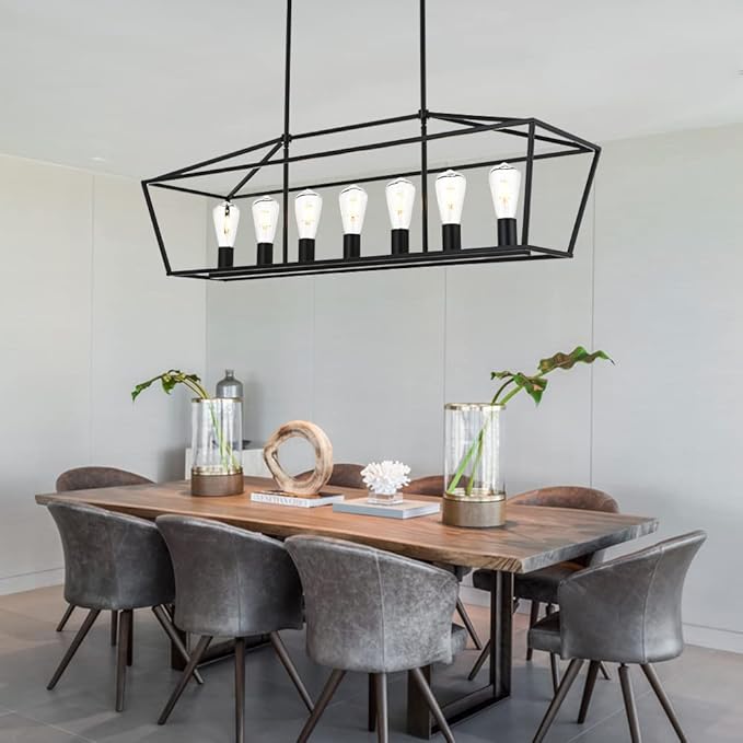 VINLUZ 38.4-Inch 7 Light Contemporary Dining Room Chandelier,Farmhouse Hanging Ceiling Kitchen Island Lighting in Matte Black Finish Rectangle Modern Pendant Light Adjustable Height