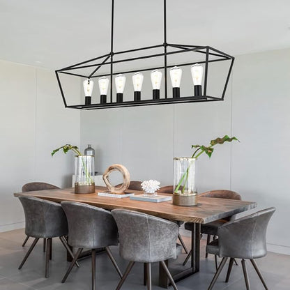 VINLUZ 38.4-Inch 7 Light Contemporary Dining Room Chandelier,Farmhouse Hanging Ceiling Kitchen Island Lighting in Matte Black Finish Rectangle Modern Pendant Light Adjustable Height