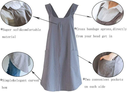 Soft Cotton Linen Apron Cross Back X-Shaped Japanese Style Pinafore Dress for Cooking, Housewarming, Daily Chores
