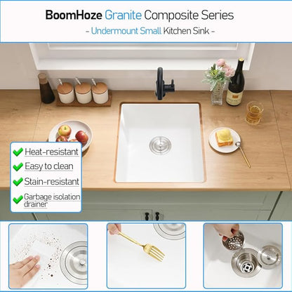 19 Inch Undermount Bar Sink, 19x19 White Quartz Granite Composite Small Undermount Kitchen Sink Single Bowl Square Deep Wet Bar Basin with Small Squeegee Brush Combo