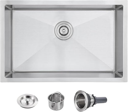 POPFLY 28×20 Inch Undermount SUS 304 Kitchen Sink, 18 Gauge Stainless Steel Handmade 9 Inchs Deep Single Bowl Bar Sinks, Brushed Nickel
