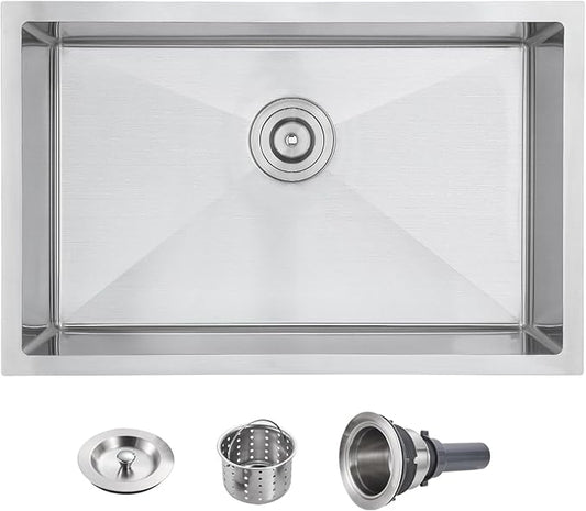 POPFLY 28×20 Inch Undermount SUS 304 Kitchen Sink, 18 Gauge Stainless Steel Handmade 9 Inchs Deep Single Bowl Bar Sinks, Brushed Nickel